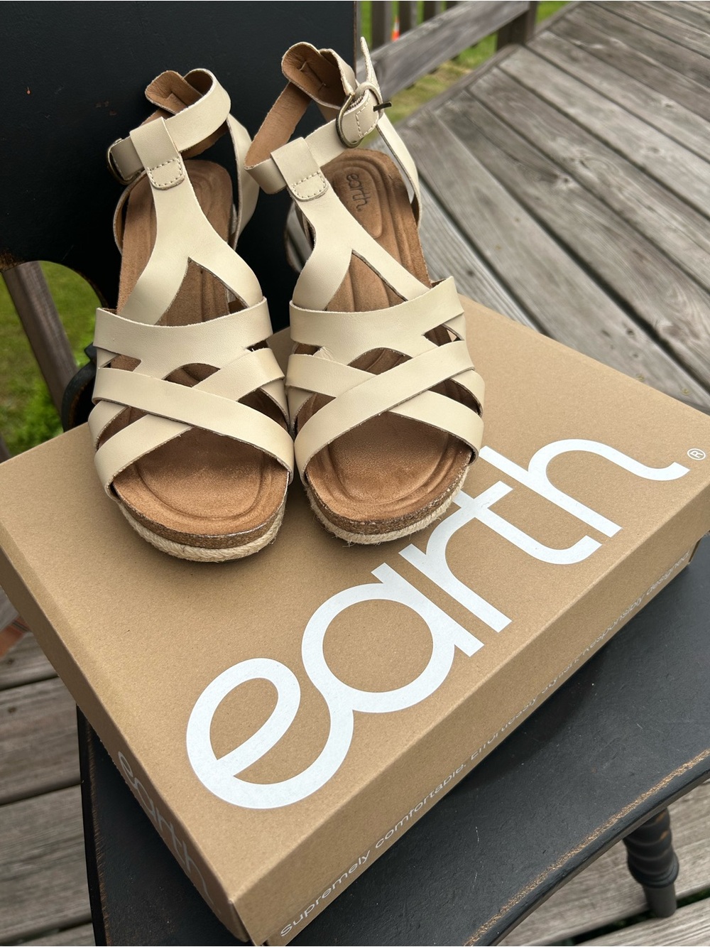 Earth Cream Strappy Wedge Sandals with Ankle Buckle